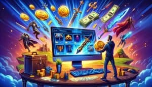 dalle2024 05 30161237 adynamicandengagingimageshowcasingvariousin gameitemsbeingsoldonlinethebackgroundfeaturesacomputermonitordisplayingagamingmarket