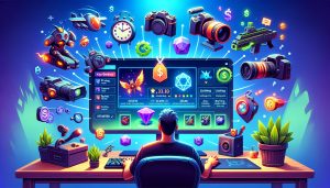 dalle2024 05 30161459 animageshowingavibrantonlinemarketplaceforin gameitemswithvariousgamingitemsdisplayedonthescreenthesceneincludesagameratade