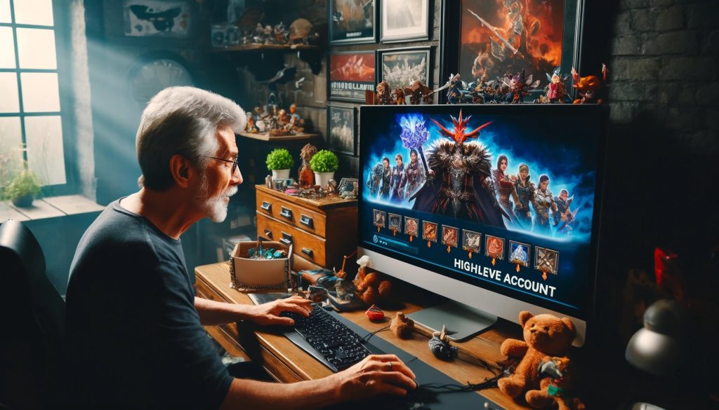 dalle2024 06 10193728 anexperiencedgamersittingatadesksurroundedbygamingmemorabilialoadingupanewhigh levelaccountontheircomputerthescreenshowsdiff