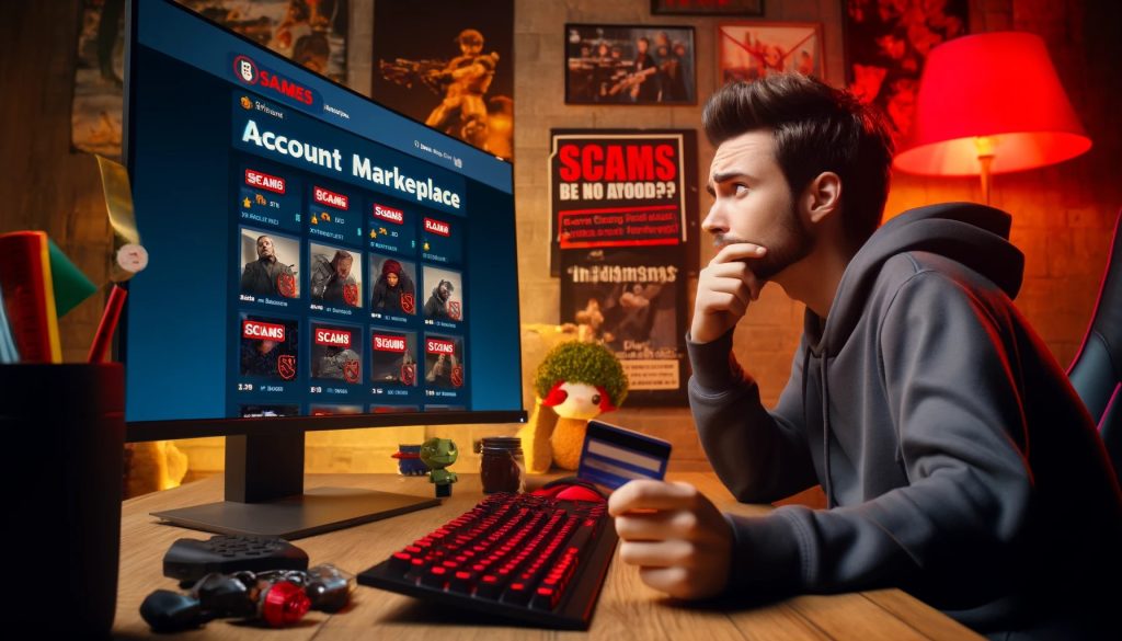 dalle2024 06 10194231 agameratadesklookingskepticalwhilebrowsinganaccountmarketplaceonacomputerthescreenshowsmultiplelistingswithsomemarkedasscams